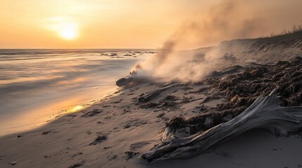 Sunset Beach with Driftwood and Ocean Waves