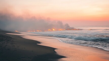 Fiery Ocean Sunset with Smoky Horizon and Soft Waves on Sandy Beach