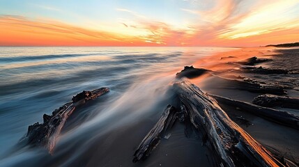 Sunset Waves Crashing Over Driftwood on a Serene Coastal Shoreline