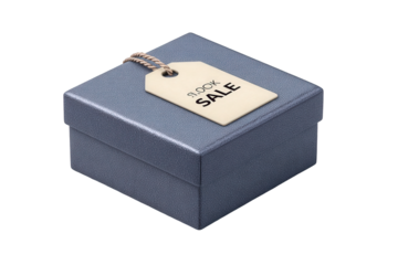 Blue gift box with a sale tag isolated on transparent background