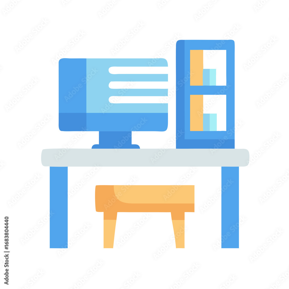 Poster icon of desk with computer shelf and chair set