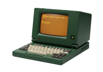 Sturdy vintage dark green laptop with glowing amber CRT screen showing 'C:\>' command prompt and chunky beige keys, on transparent studio background, concept of computing nostalgia