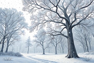 Fototapeta premium Snow covered trees and path in a serene winter forest landscape