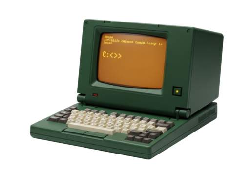 Sturdy vintage dark green laptop with glowing amber CRT screen showing 'C:\>' command prompt and chunky beige keys, on transparent studio background, concept of computing nostalgia