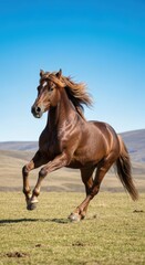 Obraz premium Brown horse gallops across an open field under a clear blue sky in the countryside during daylight