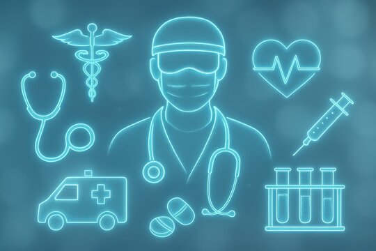 Medical icons glowing in blue for healthcare and medicine concept