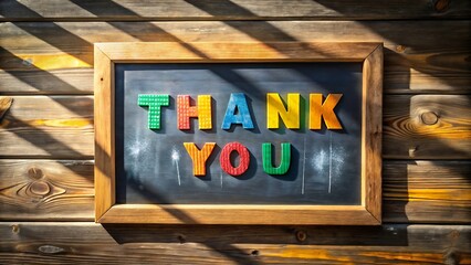 A wooden framed blackboard with colorful magnetic letters spelling thank you on a rustic wooden plank background