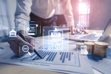 Financial regulation and tax compliance concept showing tax document, VAT, transaction flow, and...
