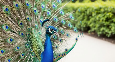 Obraz premium Colorful peacock displays its vibrant feathers in a lush garden during midday sunlight