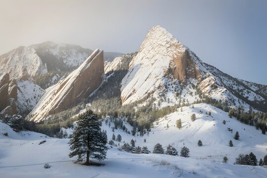 Majestic snow covered flatirons mountains in boulder colorado bathed in soft morning sunlight with pine trees and a winter landscape