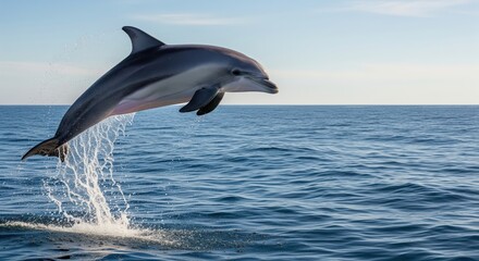 Fototapeta premium Dolphin leaps joyfully above ocean waves on a sunny day near the coast