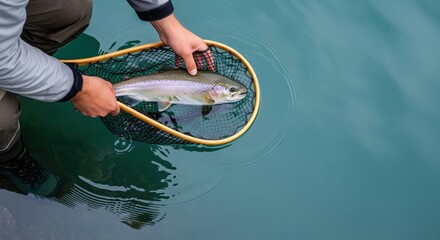Fisherman catches rainbow trout in clear lake waters during a tranquil morning outing