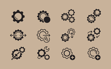 Collection of twelve diverse gear icons representing mechanics settings and system functions