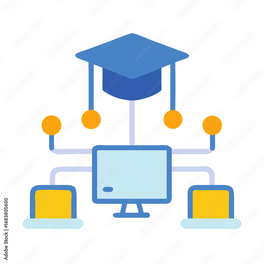 Poster educational technology network with graduation cap and computers