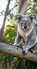 Fototapeta premium Koala resting on a eucalyptus branch in a natural habitat during daytime