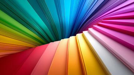 Bunte Farbfächer zeigt Regenbogenspektrum von Grün über Blau bis Pink in geschwungener Form