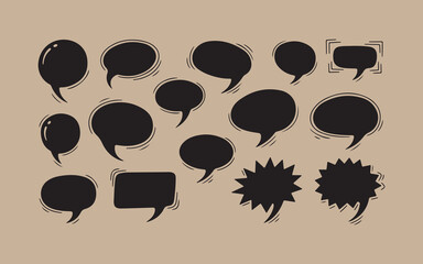 Diverse collection of black speech bubbles and thought balloons on a textured background