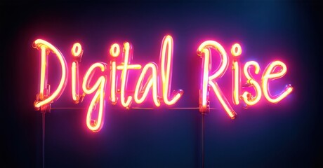 Bright neon sign displays Digital Rise. Pink glow contrasts dark blue background. Modern typography creates striking visual impact.