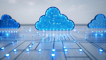 Futuristic blue cloud computing network abstract digital art with glowing circuitry and data flow