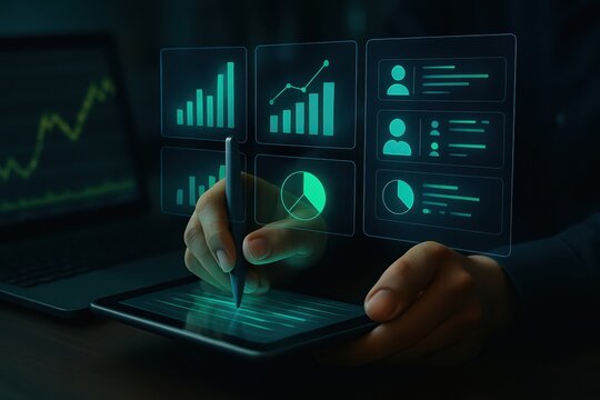 Businessman analyzing financial data and charts on a virtual dashboard - Powered by Adobe