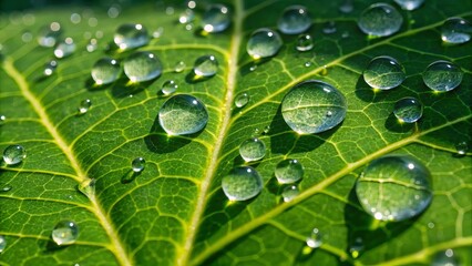 Macro shot of glistening dew drops on lush green leaves in bright morning sunlight highlighting leaf veins