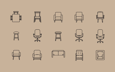 Collection of diverse seating options and furniture pieces with hand-drawn style renderings