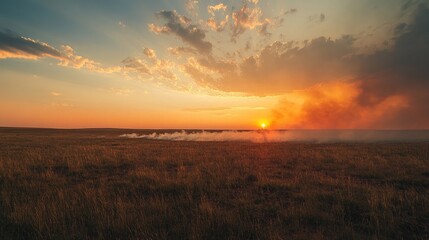 Sunset Fire Landscape with Smoke Over Golden Grass Plains