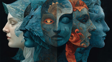 Human profiles executed in surreal painting style on the subject of dreams, passions, creativity and imagination.A state of euphoria and meditation. Abstract fractal patterns and shapes.