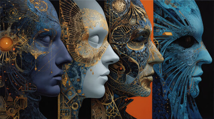 Human profiles executed in surreal painting style on the subject of dreams, passions, creativity and imagination.A state of euphoria and meditation. Abstract fractal patterns and shapes.