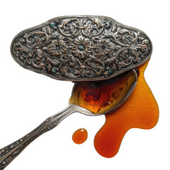 Ornate silver spoon with amber syrup