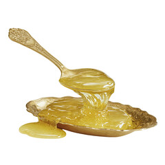 Golden honey pours from a spoon onto a dish