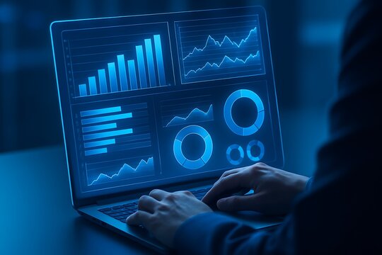Business analytics dashboard on laptop with charts graphs and metrics for reporting visualization monitoring performance insights data analysis corporate management strategy 