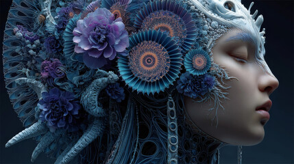  Human profiles executed in surreal painting style on the subject of dreams, passions, creativity and imagination.A state of euphoria and meditation. Girl with creative hairstyle from fractal flowers