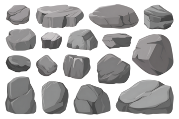A diverse collection of smooth gray rocks and boulders rendered in a realistic style against a stark black background