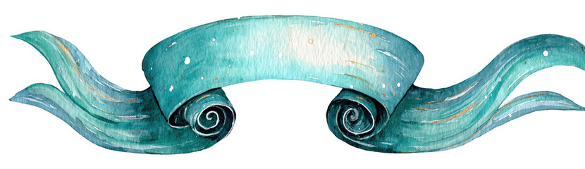 Teal banner with ornate scrolls