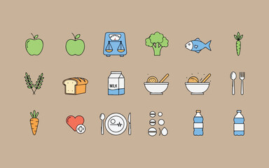 Variety of healthy food and drink items arranged in a grid pattern for visual appeal