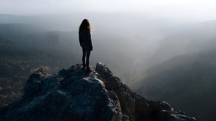 A person stands on a rocky mountain peak overlooking a vast misty valley and forest evoking a sense of adventure and contemplation in nature