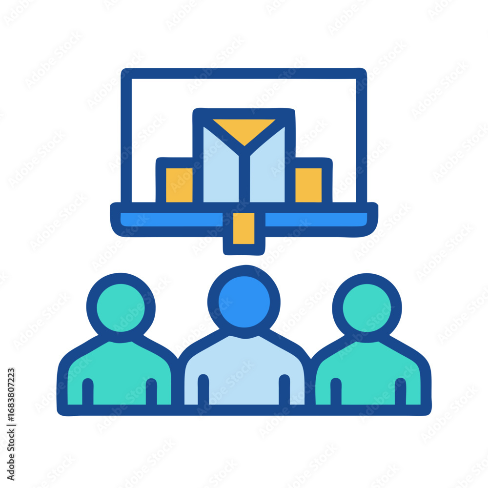 Poster people watching presentation with bar graph chart on screen