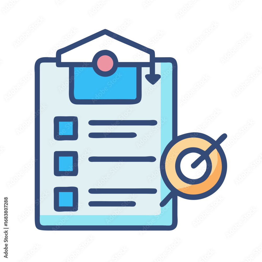 Poster flat design of clipboard with checklist and canceled target