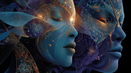  Human profiles executed in surreal painting style on the subject of dreams, passions, creativity and imagination.A state of euphoria and meditation. Abstract fractal patterns and shapes.