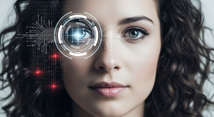 Close up of a woman's face with futuristic technology overlaying her eye and binary code graphics