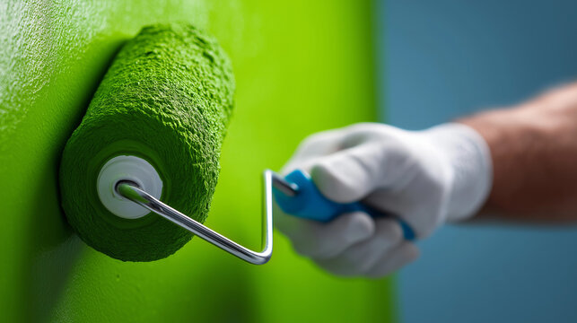 Hand mit Farbroller streicht gr&uuml;ne Farbe auf blaue Wand beim Renovieren