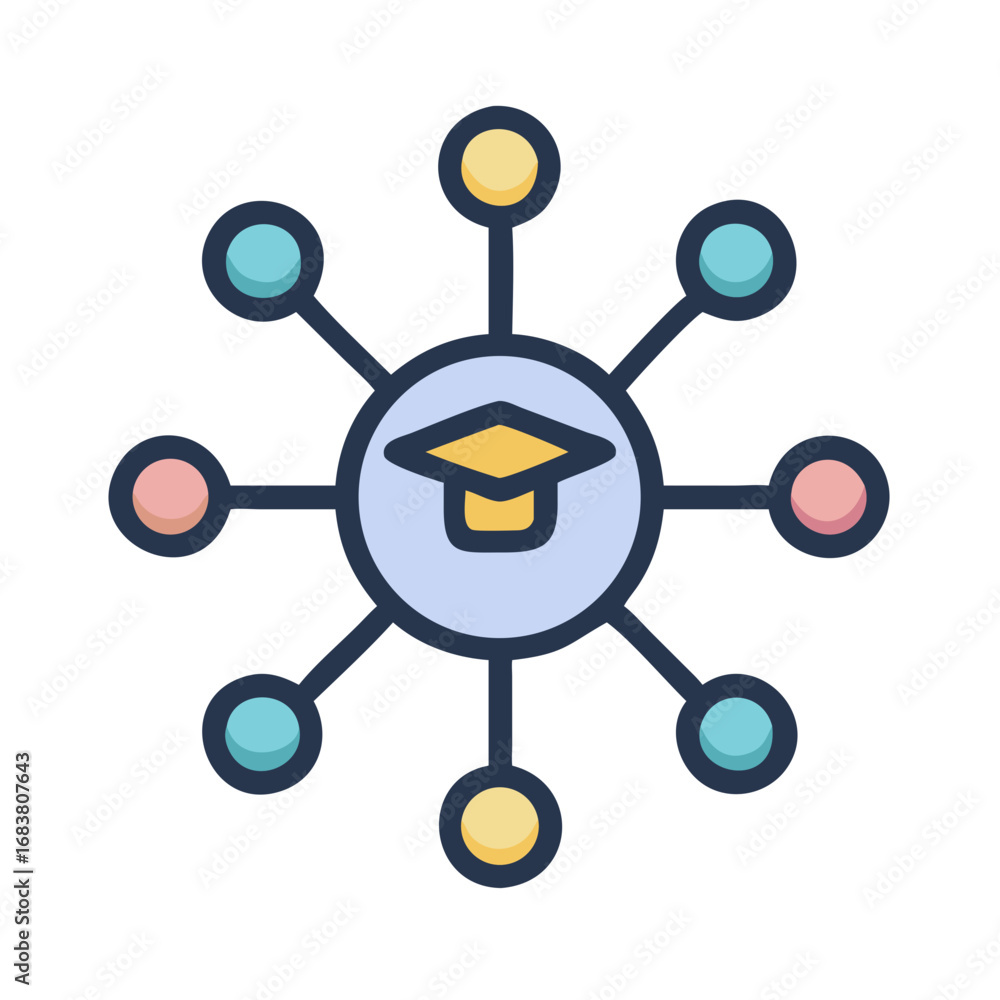Poster connected learning network with mortarboard on a black background