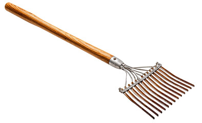 Wooden-handled, metal-tined tool.  Long handle, numerous  metal tines.  Agricultural implement