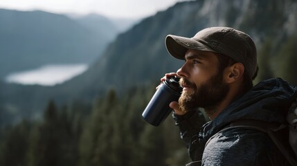 A bearded hiker in a cap takes a refreshing drink from a water bottle admiring the expansive mountainous landscape with a serene lake