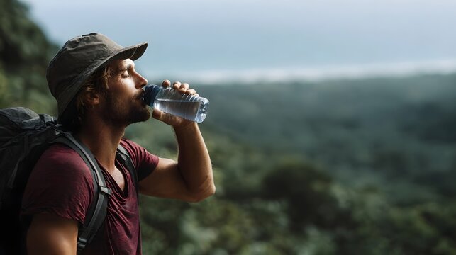 Hiker taking a refreshing break to drink water from a bottle while enjoying the scenic mountain landscape