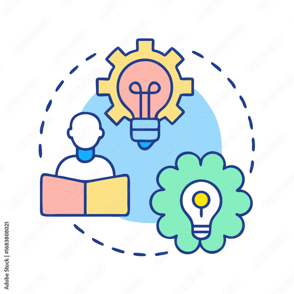 Poster conceptual knowledge transfer represented by lightbulbs and reading man