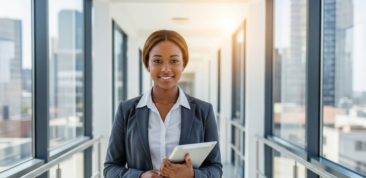 A young African-American businesswoman with a digital tablet indoors of a bright passageway in an office skyscraper; a charming biracial female with a tablet pc near the window in a business high-rise - Powered by Adobe