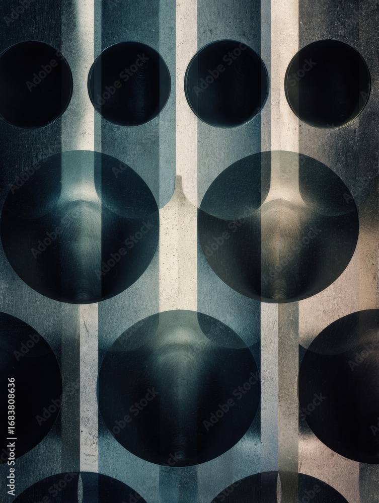 Poster unique abstract composition featuring spherical shapes and striped patterns in a dark, textured envi