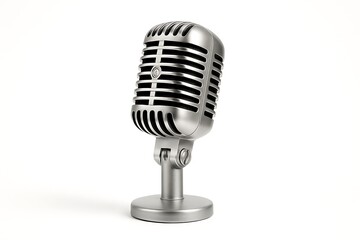 Fototapeta premium Retro silver microphone isolated on white background for podcast broadcast radio studio voice recording equipment classic vintage mic audio sound music communication media technology object